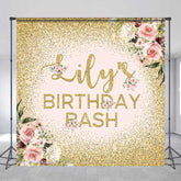 Aperturee Aperturee Custom Birthday Bash Backdrop for Her Elegant Pink and Gold Glitter Floral Personalized Welcome Party Photo Prop